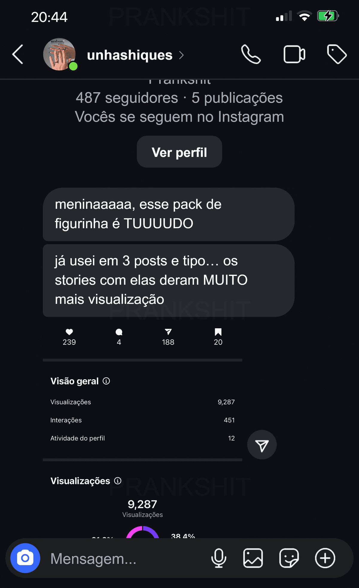 Depoimento sobre pack de figurinhas no Instagram